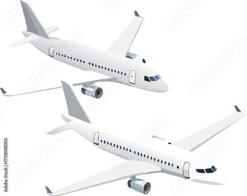 Isometric view of two commercial passenger airplanes in white color scheme