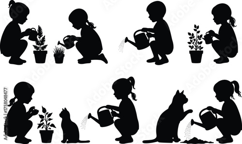 Silhouette vector illustration of child gardening with plants and cat, watering, nurturing, outdoor lifestyle, responsibility, growth, companionship, nature care