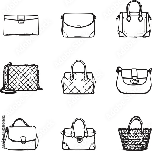 Nine handbag styles in grid layout, black and white vector illustration for fashion and accessory themes