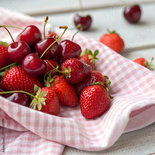 a close up shot of ripe cherries and strawberries