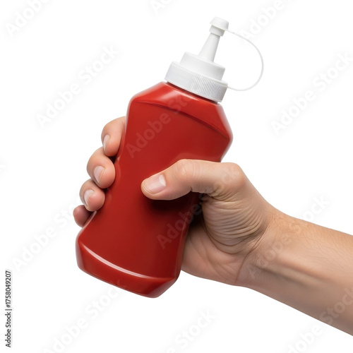Male hand holding a red plastic squeeze bottle of ketchup or sauce ready to dispense. isolated PNG with Transparent Background