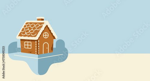 Illustration of Gingerbread House in Hands on Pale Blue Background