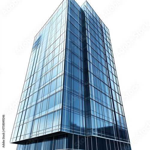 Modern Glass Skyscraper Reflecting Blue Sky On A White Background
