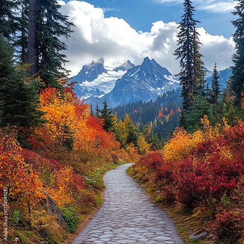 Scenic Stone Pathway Through Autumn Forest With Snow Capped Mountains Under Blue Sky