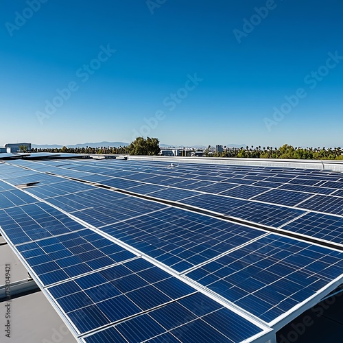 Vast Array Of Blue Solar Panels Under A Clear Blue Sky With Distant Cityscape