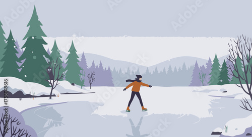 Ice Skating on a Frozen Lake in a Winter Wonderland