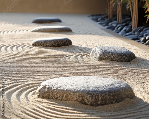 Zen Garden Stepping Stones Amidst Raked Sand and Bamboo With Soft Sunlight