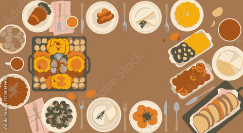 Overhead Illustration of Festive Vegetarian Thanksgiving Feast on Wood Table