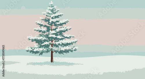 Snowy Pine Tree in Winter Landscape with Gentle Gradient Sky