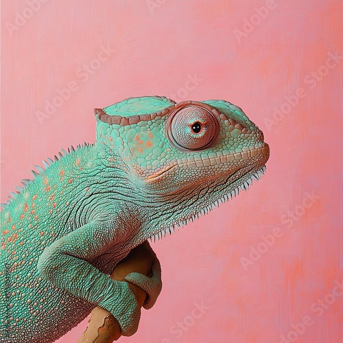 A Close Up Pixelated Chameleon In Teal And Orange Perched On A Branch Against A Textured Pink