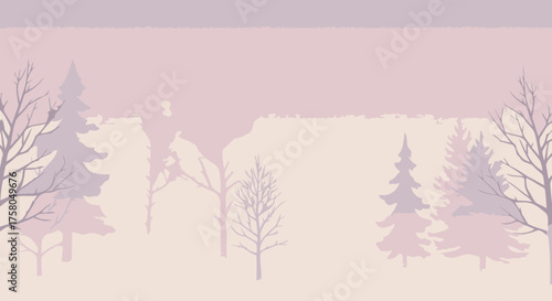 Okay, here's a descriptive title, description, and keywords for your stock photo:

**Title:** Pastel Winter Landscape: Silhouetted Trees in a Soft Pink and Purple Haze