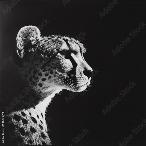 Close Up Black And White Portrait Of A Cheetah Head In Profile Against A Dark Background