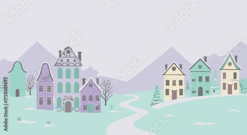 Colorful Winter Village Landscape Illustration