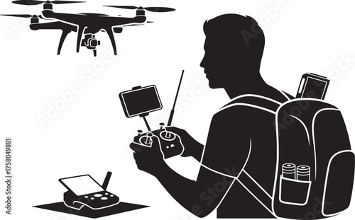 Man Flying Drone Silhouette with Remote Control Equipment Backpack for Aerial Photography