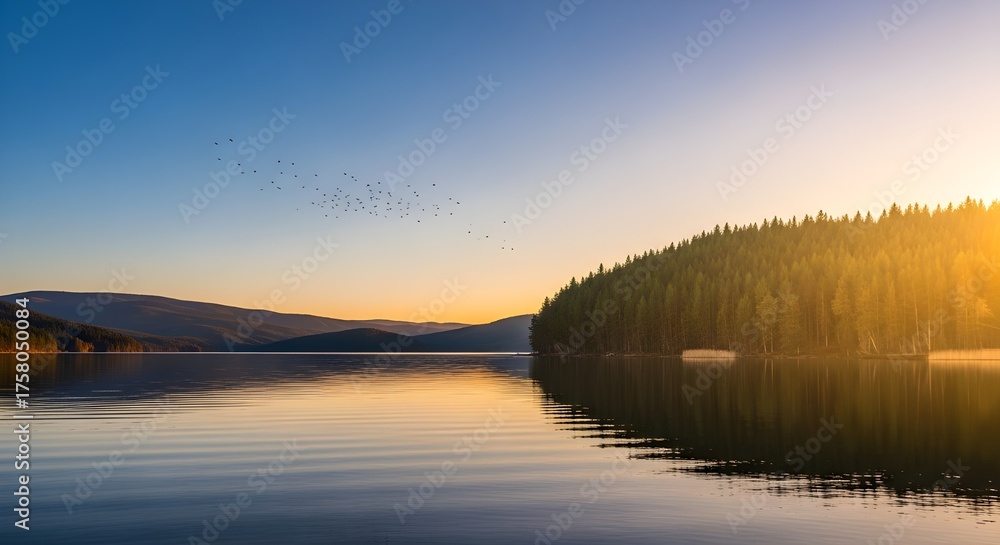Obraz premium Serene Lake Sunrise Sunset Reflection Golden Forest Tranquil Nature Landscape