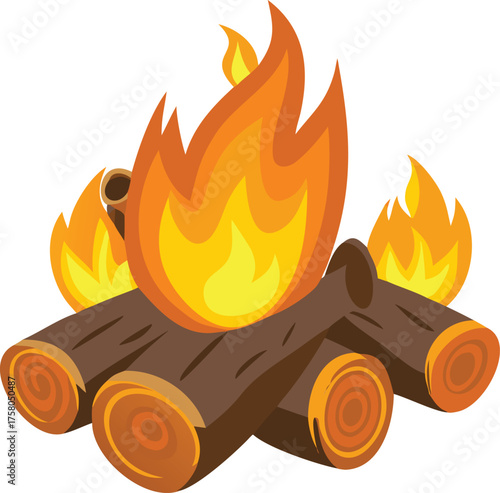 Cartoon illustration of a small campfire with burning orange and yellow flames