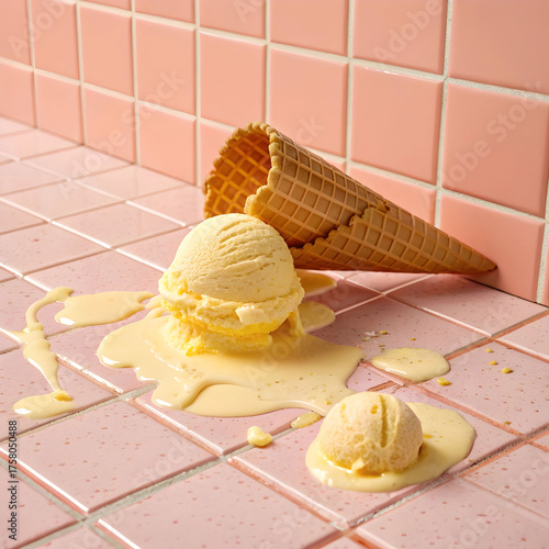 a soft yellow ice cream melting slowly over pink