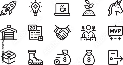 Startup Business Icons Vector Set: Rocket Launch, Idea Lightbulb, Coffee Break, Plant Growth, Unicorn, Warehouse, Invoice, Handshake, Teamwork, MVP