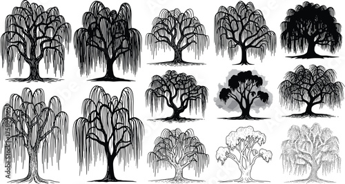 Black tree silhouette vector, artistic foliage illustration, diverse canopy shapes, abstract botanical design, nature inspired tree icons, minimal forest artwork set