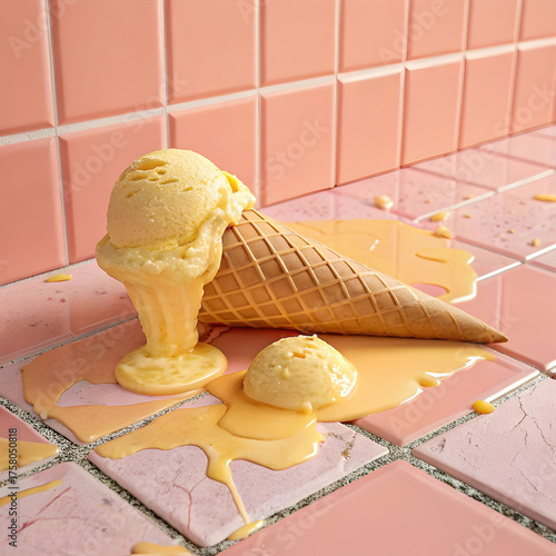 a soft yellow ice cream melting slowly over pink