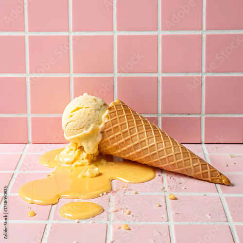 a soft yellow ice cream melting slowly over pink
