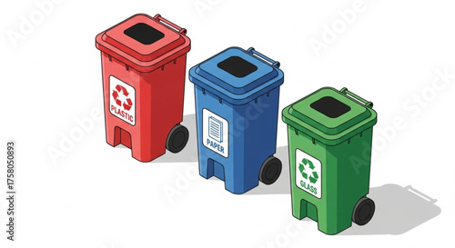 Vector illustration of red, blue, and green recycle bins for sorting plastic, metal, and paper waste. Promotes recycling, environmental responsibility, and zero waste lifestyle.