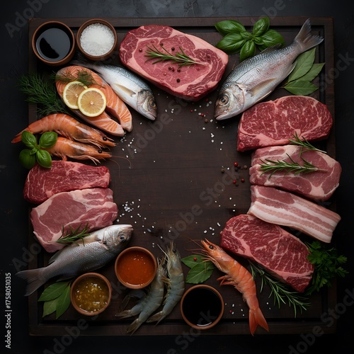 Assorted raw meat and seafood on a dark wooden board, top view.