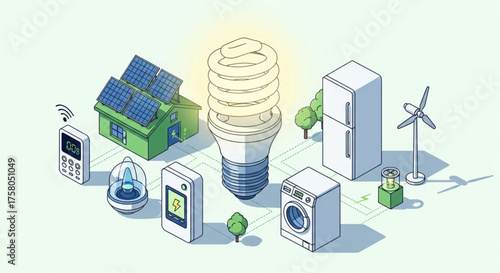 Isometric illustration of a futuristic green city connected by renewable energy sources such as wind turbines, solar panels, and eco systems.
