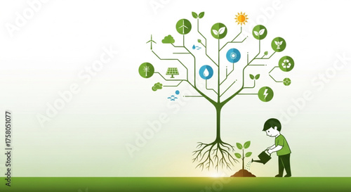 Vector tree growing with eco energy symbols like solar panels, water drops, and leaves, representing sustainability.