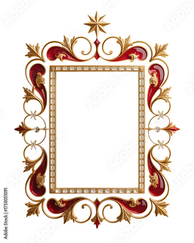 Ornate baroque style square picture frame with red and gold embellishments isolated on transparent background