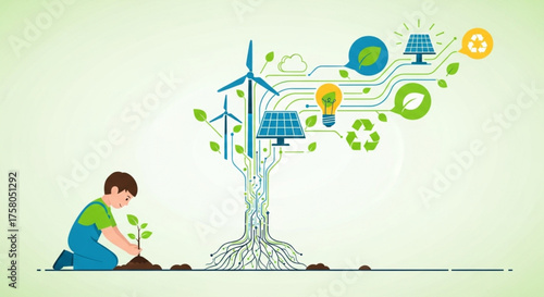 Illustration of a child watering small plants that turn into solar panels and wind turbines, representing green education.