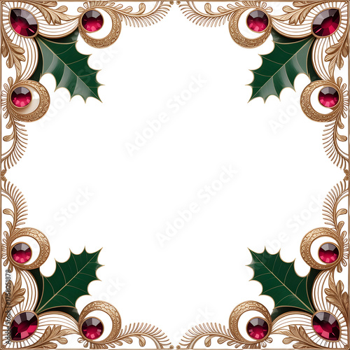 Ornate golden christmas frame with red jewels and holly leaves isolated on transparent background