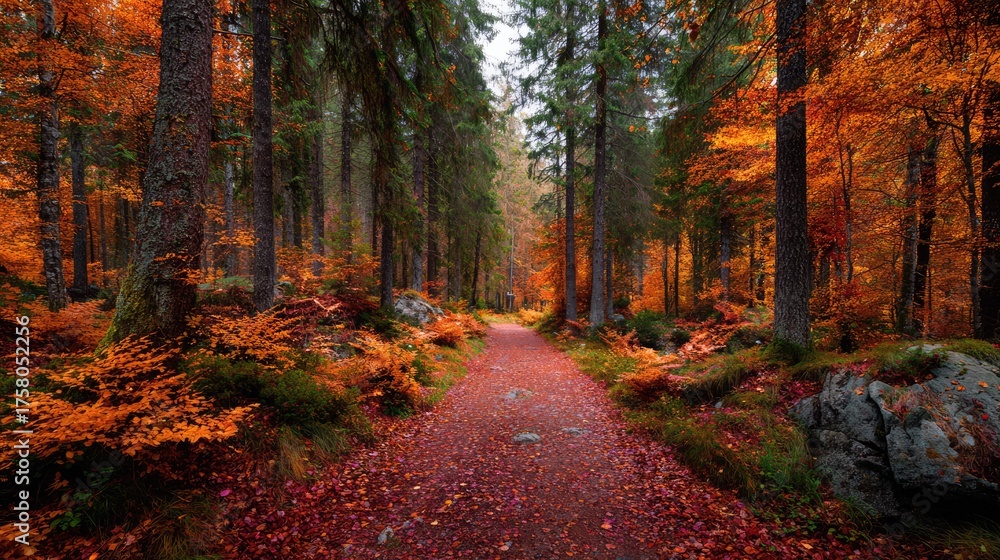 Fototapeta premium an enchanting autumnal forest, where vibrant orange leaves carpet the ground beneath trees that stand tall against the overcast sky