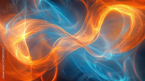 Abstract swirling blue and orange energy flow.
