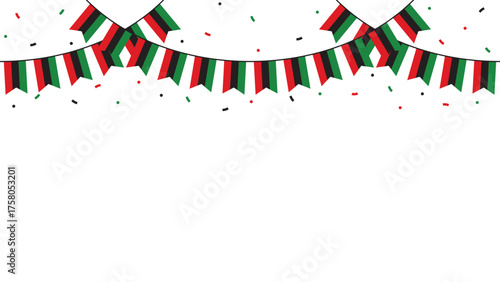 Red, black and green colored party bunting as the colors of the Pan-African flag. For Juneteenth and Black History Month. Flat design illustration.	
