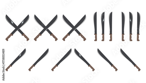 Machete vector icon set with crossed blades and single knives
