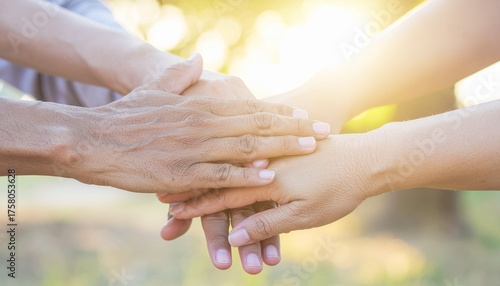 A diverse group of people of varying ages and genders coming together in a powerful symbol of unity and teamwork with hands stacked in a circle under warm sunlight