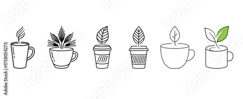 Minimal line art coffee cup with green leaf and plant growing from cup symbolizing eco organic and sustainable drink perfect for branding design and product concept