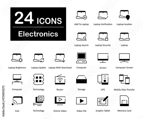 A set of 24 icons as add to laptop, laptop verification, laptop location