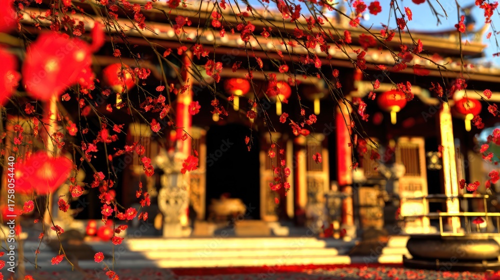 Fototapeta premium Traditional chinese temple with red lanterns and blossoming branches background