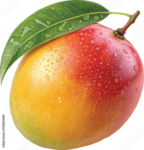 Fresh Ripe Mango with Leaf and Water Droplets Isolated on White Background