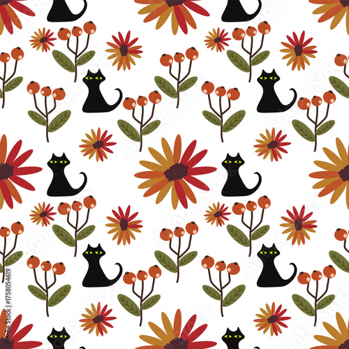 Vector seamless pattern,cute flowers and cat.Good for wrapping paper,fabric,etc.