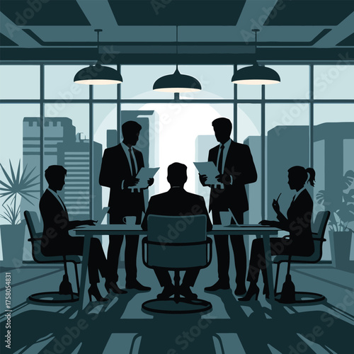 Business meeting silhouette corporate professionals discussing in modern office setting city view
