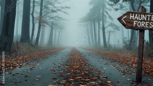 Misty Road Through Autumn Forest Leaves Creates Eerie Halloween Atmosphere Surrounded by Tall Trees and Fog