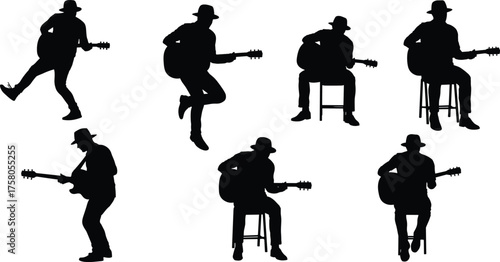 Silhouette vector illustration of musician playing acoustic guitar in various poses with hat, performance art, music concert, stage, entertainment design