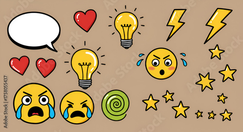 Whimsical Cartoon Icons Set Featuring Emotions, Ideas, Love and Energy