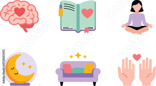 Self care and well being icons brain book meditation moon couch hands heart transparent background