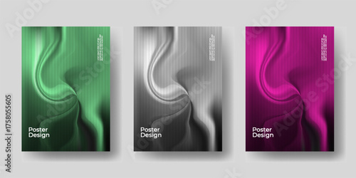 Abstract metallic gradient poster design template with smooth liquid wave texture, vertical stripe pattern, modern chrome fluid shape background, futuristic 3D flow art minimal gradient. 