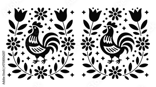 Two symmetrical black and white folk art compositions with roosters and floral elements displayed side by side silhouette