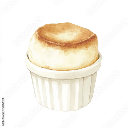 Delicious fluffy souffle baked to golden perfection in a white ramekin.
